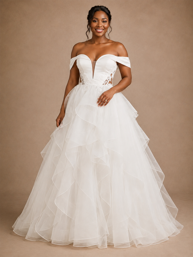 ChicSew Romantic Off The Shoulder Ruffled Tulle A-Line Maxi Wedding Dress With Applique