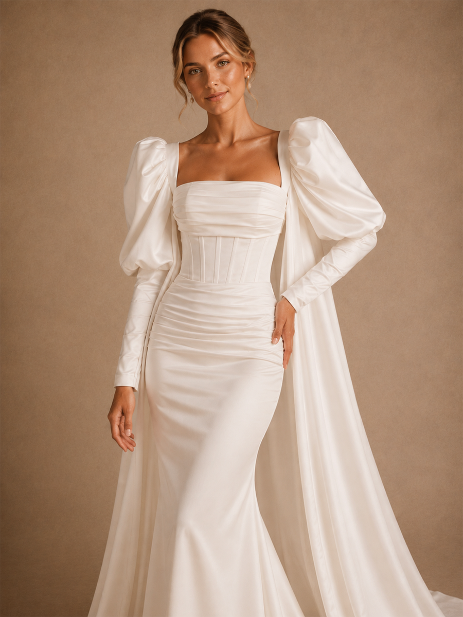 ChicSew Unique Square Long Sleeves Boning Satin Mermaid Floor-Length Wedding Dress