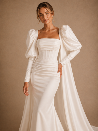ChicSew Unique Square Long Sleeves Boning Satin Mermaid Floor-Length Wedding Dress