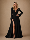 ChicSew Elegant Unique A-Line V-Neck Side Slit Crepe Long Sleeves Maxi Wedding Dresses
