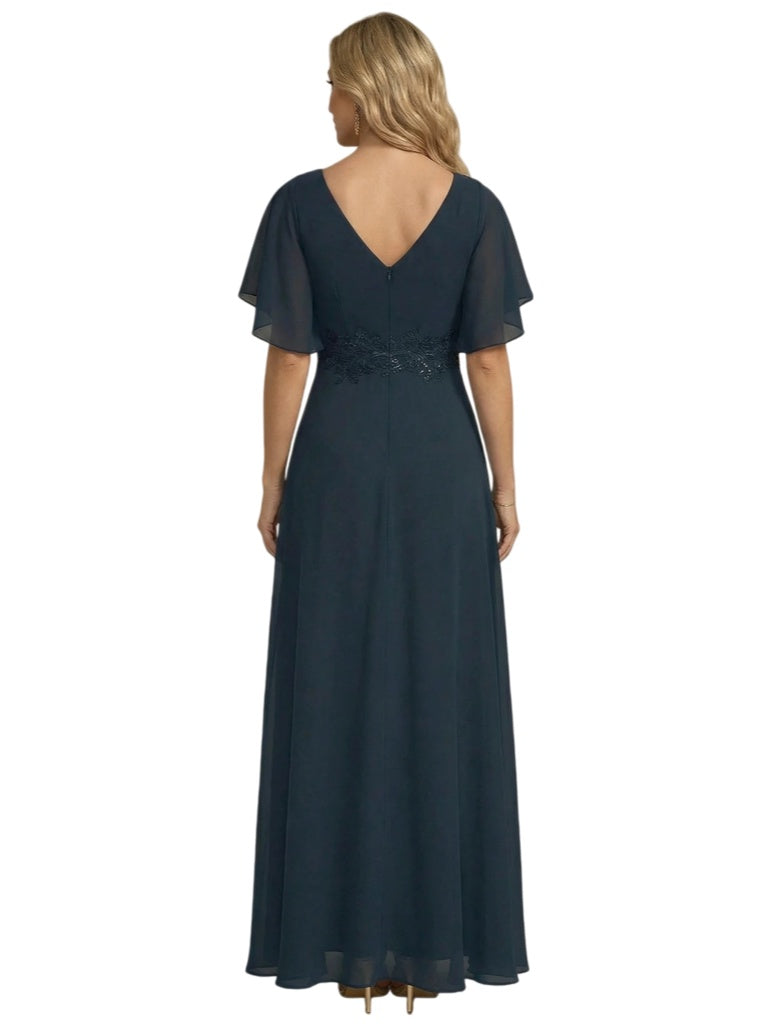 Elegant V-Neck Side Slit Bell Sleeves Chiffon A-Line Mother of The Bride Dresses