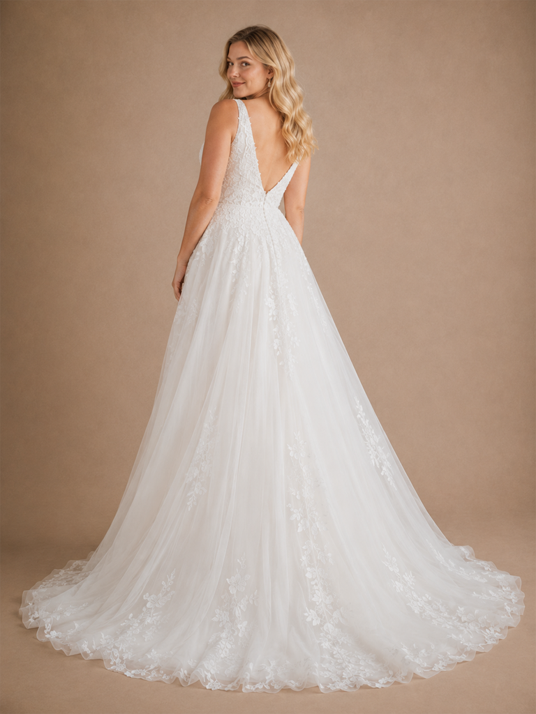 ChicSew Romantic V-Neck Spaghetti Straps Sleeveless Lace Tulle A-Line Maxi Wedding Dress
