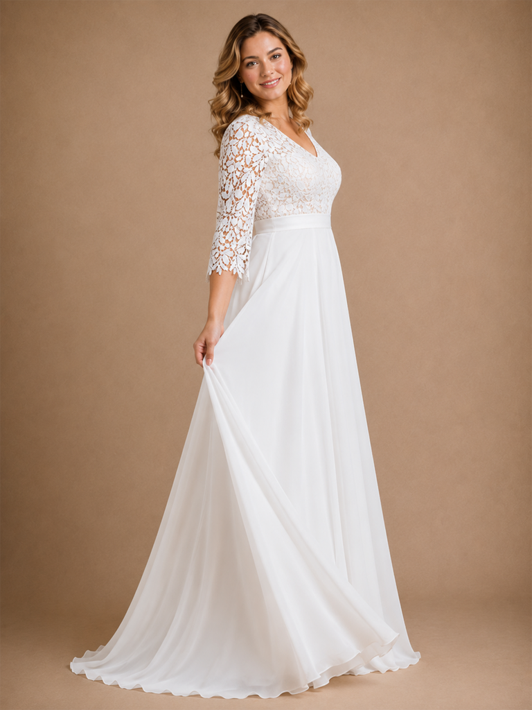 ChicSew Classy V-Neck Lace Chiffon 3/4 Sleeves A-Line Floor-Length Wedding Dress