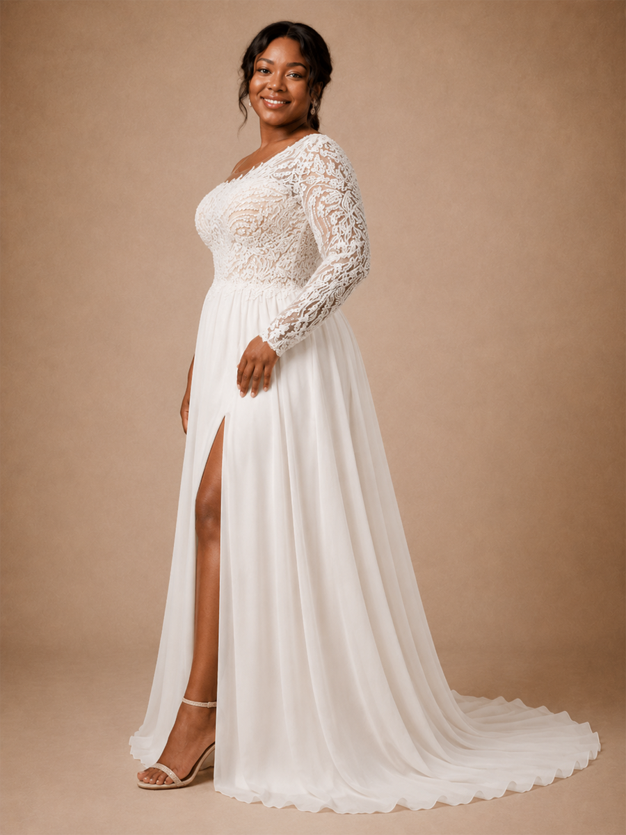 ChicSew Modern Asymmetric Long Sleeve Side Slit A-Line Lace Chiffon Wedding Dress