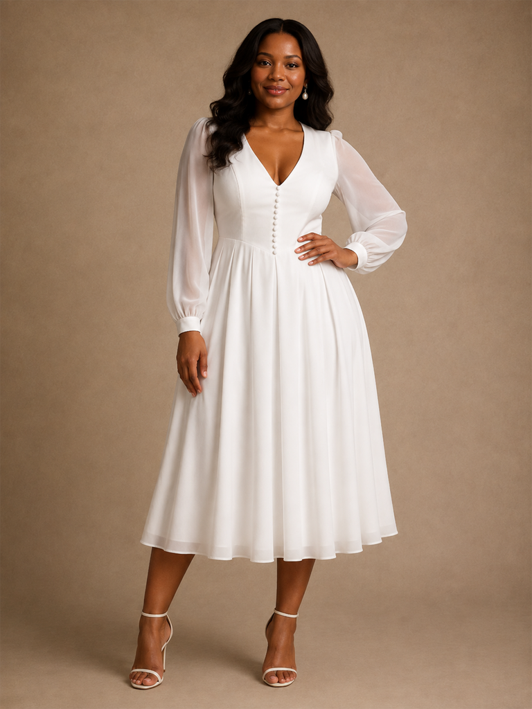 ChicSew Elegant Simple V-Neck Long Sleeves Chiffon A-Line Tea-Length Wedding Dress