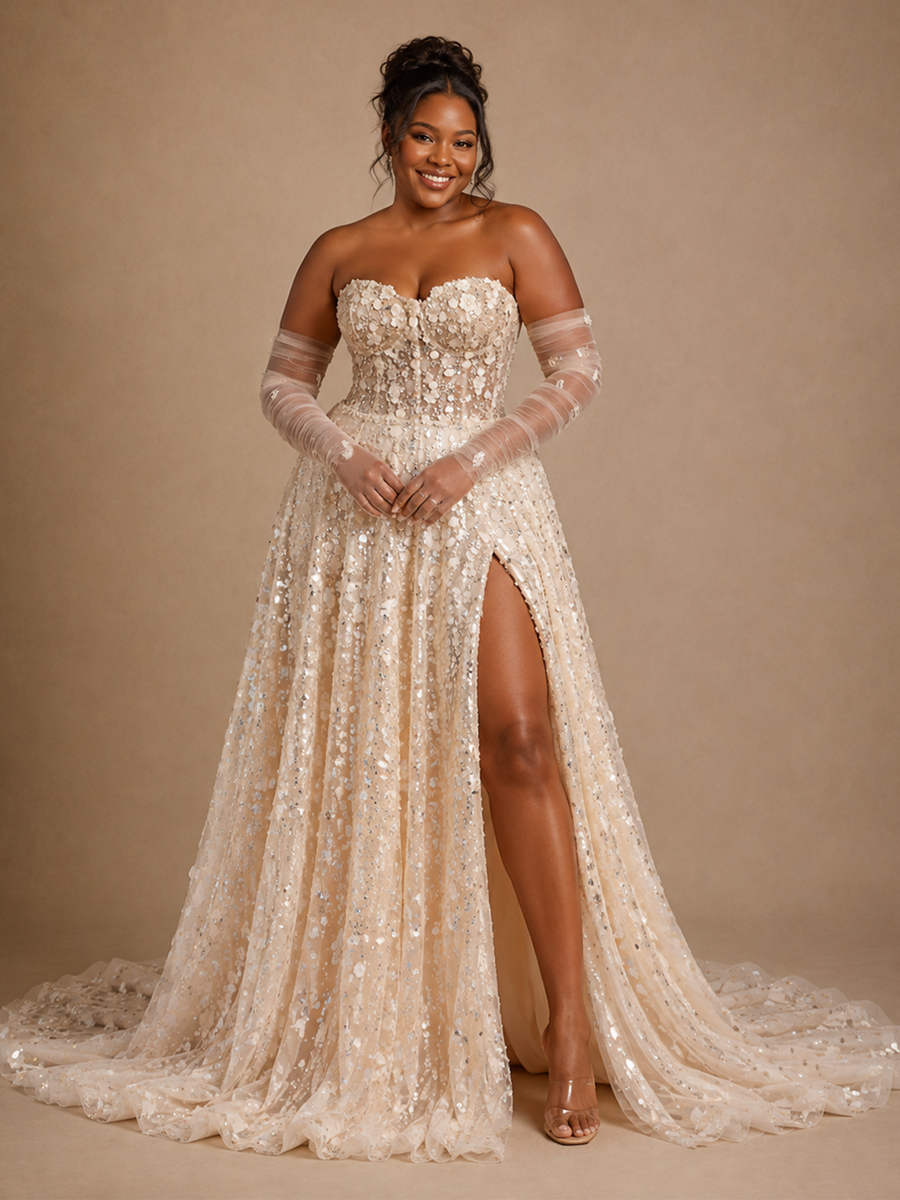 ChicSew Romantic Unique Sweetheart  A-Line Tulle Maxi Wedding Dress With 3D Floral Sequin