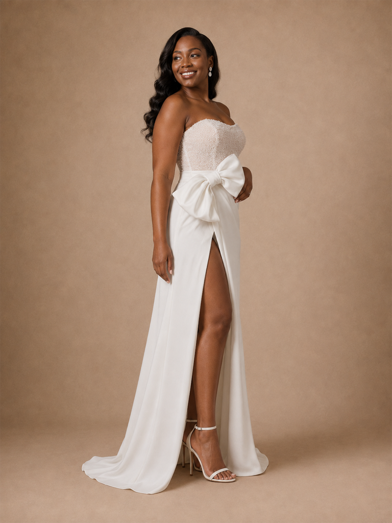 ChicSew Elegant Crepe Sweetheart Mermaid Side Slit Floor-Length Wedding Dress With Beading