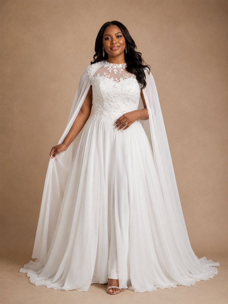 ChicSew Modern Illusion Long Cape Sleeves A-Line Lace Appliques Chiffon Maxi Wedding Dress