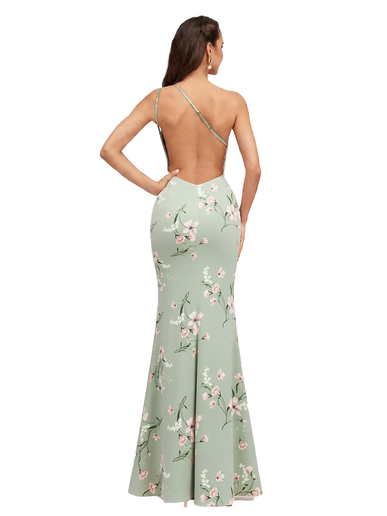 Elegant One Shoulder Mermaid Floral Satin Maxi Floral Formal Dresses For Women