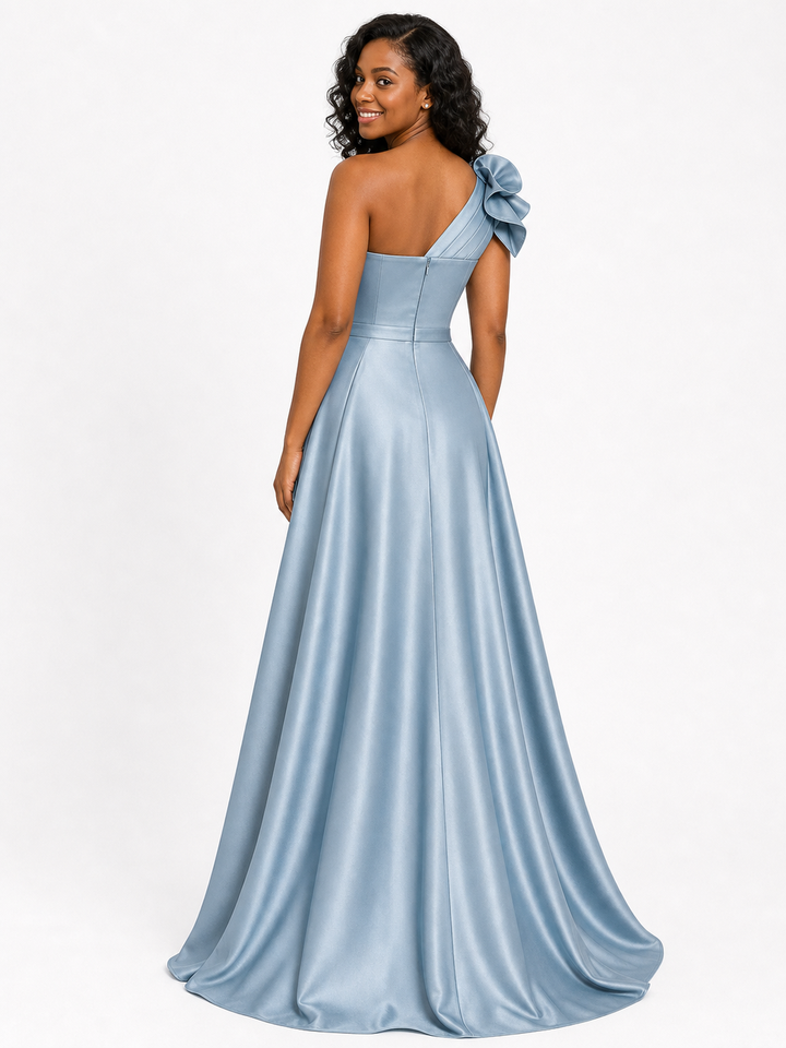 ChicSew Elegant One Shoulder Soft Satin A-Line Floor-Length Bridesmaid Dresses With Flower