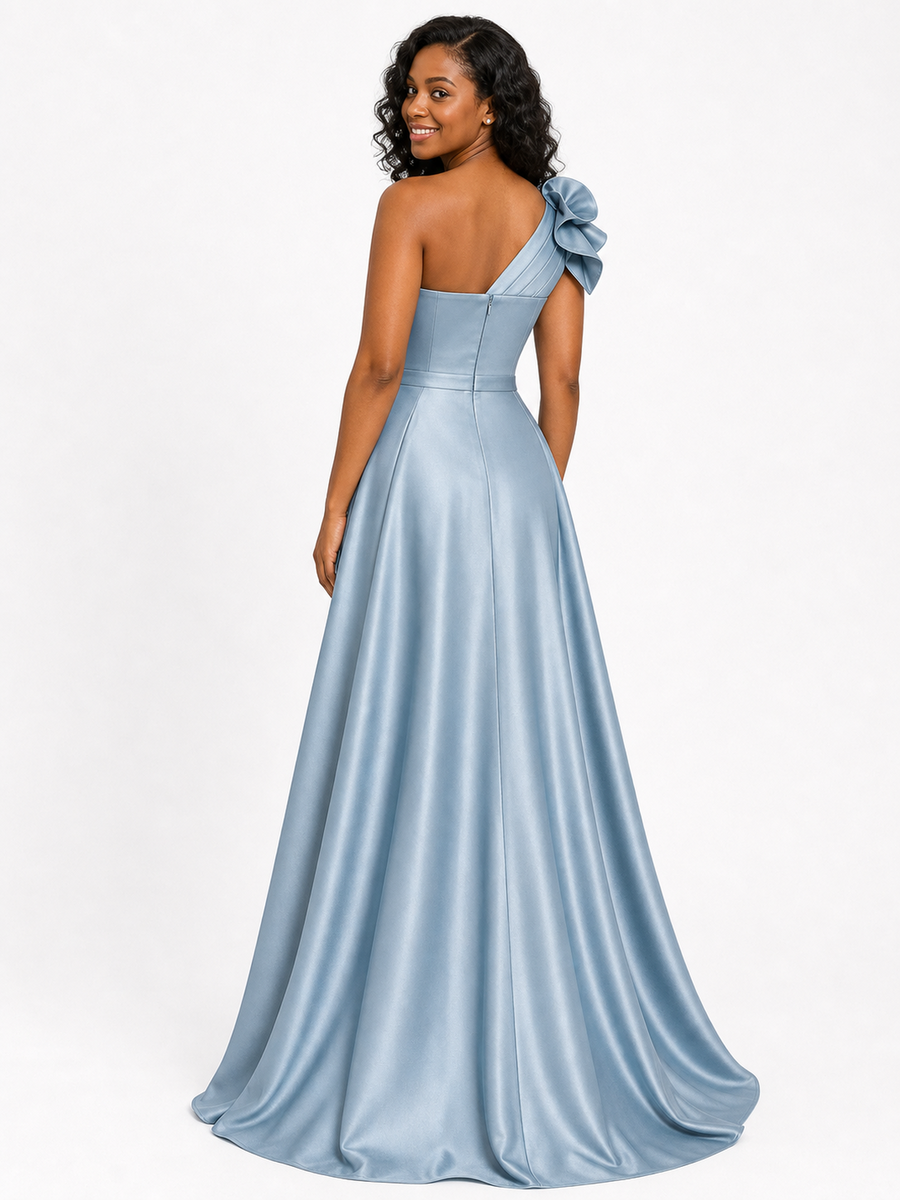 ChicSew Elegant One Shoulder Soft Satin A-Line Floor-Length Bridesmaid Dresses With Flower