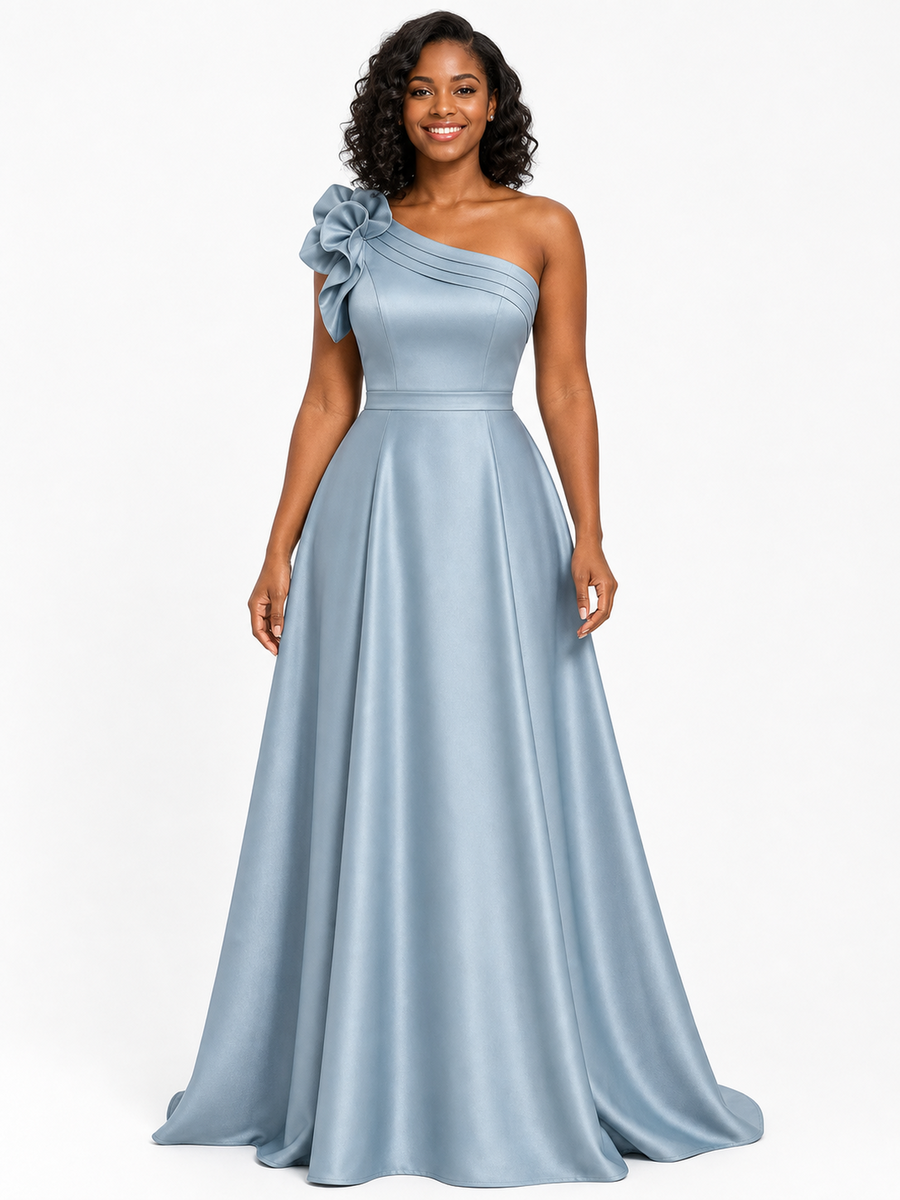 ChicSew Elegant One Shoulder Soft Satin A-Line Floor-Length Bridesmaid Dresses With Flower