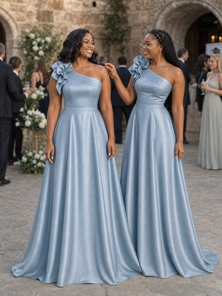 ChicSew Elegant One Shoulder Soft Satin A-Line Floor-Length Bridesmaid Dresses With Flower