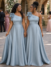 ChicSew Elegant One Shoulder Soft Satin A-Line Floor-Length Bridesmaid Dresses With Flower