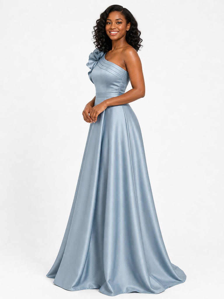 ChicSew Elegant One Shoulder Soft Satin A-Line Floor-Length Bridesmaid Dresses With Flower