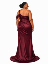 ChicSew Fancy One Shoulder Mermaid Side Slit Ruched Soft Satin Long Bridesmaid Dresses
