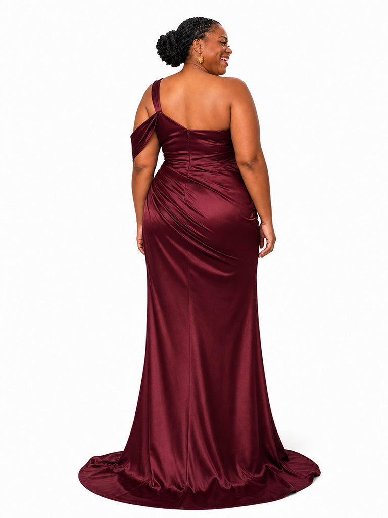 ChicSew Fancy One Shoulder Mermaid Side Slit Ruched Soft Satin Long Bridesmaid Dresses