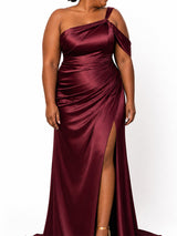 ChicSew Fancy One Shoulder Mermaid Side Slit Ruched Soft Satin Long Bridesmaid Dresses