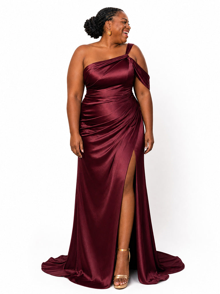 ChicSew Fancy One Shoulder Mermaid Side Slit Ruched Soft Satin Long Bridesmaid Dresses