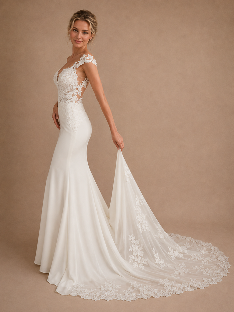 ChicSew Sexy V-Neck Mermaid Lace Crepe Off Shoulder Maxi Wedding Dress