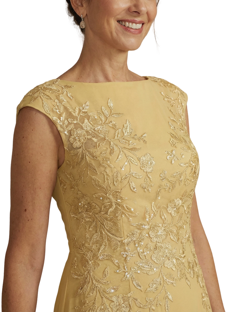 Chicsew Boat Neck Cap Sleeves Chiffon Sheath Mother Of The Bride Dresses With Applique