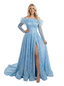 ChicSew Gorgeous Off Shoulder Long Sleeves Side Slit Sequins Feather  A-line Prom Dresses
