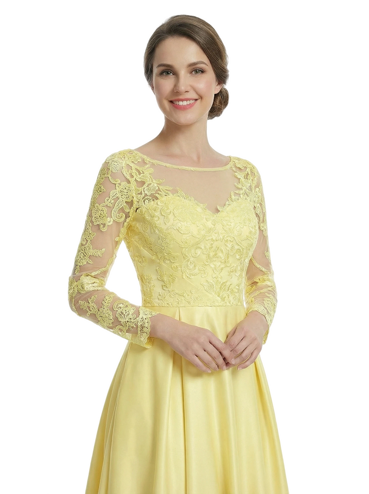 Chicsew Long Sleeves High-Low Satin A-Line Mother Of The Bride Gowns With Illusion Lace Top