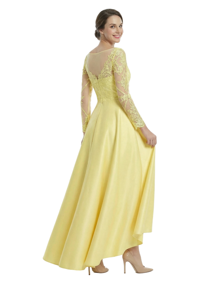 Chicsew Long Sleeves High-Low Satin A-Line Mother Of The Bride Gowns With Illusion Lace Top
