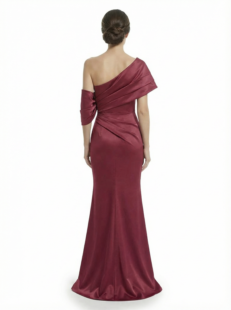 Chicsew Elegant Asymmetrical Straps Ruched Satin Mermaid Formal Mother Of The Groom Maxi Dresses