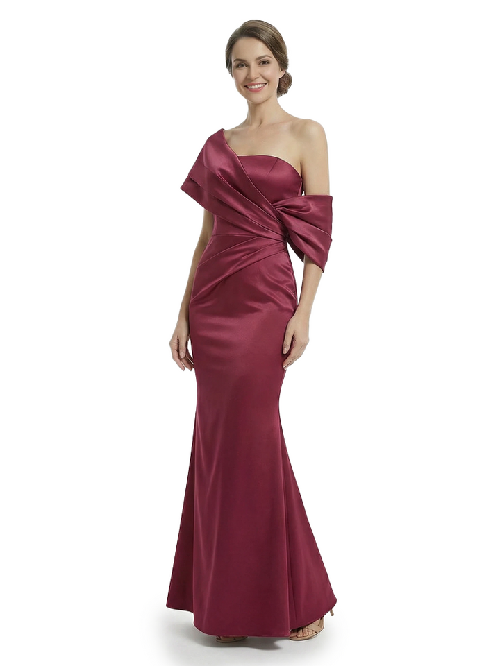 Chicsew Elegant Asymmetrical Straps Ruched Satin Mermaid Formal Mother Of The Groom Maxi Dresses