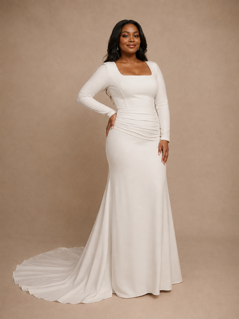 ChicSew Elegant Mermaid Crepe Long Sleeves Square Neck Maxi Long Wedding Dress