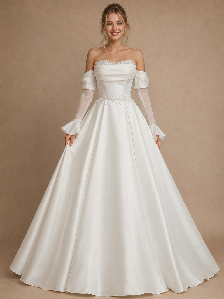 ChicSew Fancy Elegant Strapless 3/4 Sleeves A-Line Satin Maxi Wedding Dress