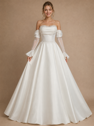 ChicSew Fancy Elegant Strapless 3/4 Sleeves A-Line Satin Maxi Wedding Dress