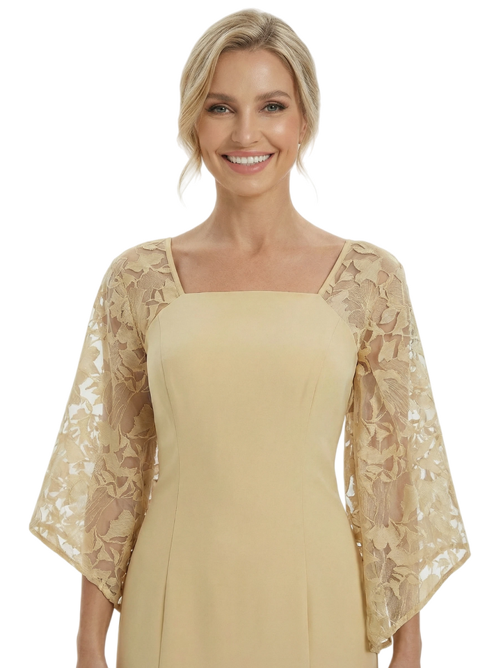 Chicsew Mother of The Groom Dresses Beautiful Square Neck Bell Sleeve Lace Midi Dress Classy Fitted Formal Bridal Party Attir
