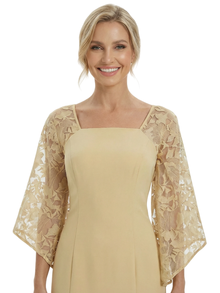 Chicsew Mother of The Groom Dresses Beautiful Square Neck Bell Sleeve Lace Midi Dress Classy Fitted Formal Bridal Party Attir