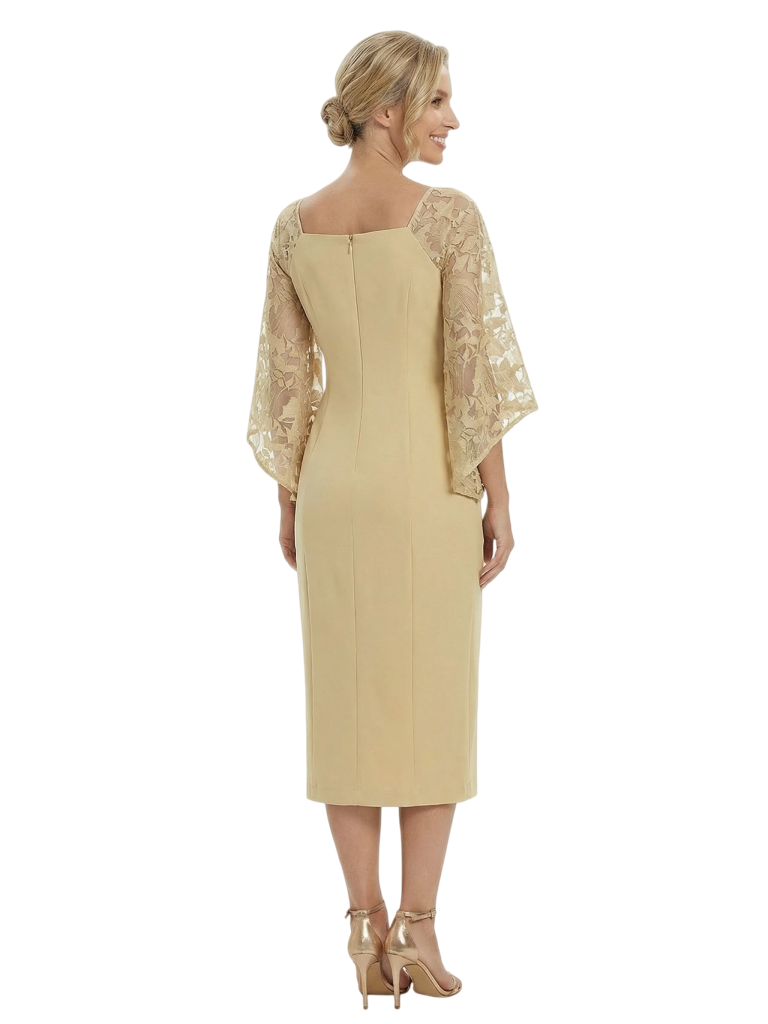 Chicsew Mother of The Groom Dresses Beautiful Square Neck Bell Sleeve Lace Midi Dress Classy Fitted Formal Bridal Party Attir