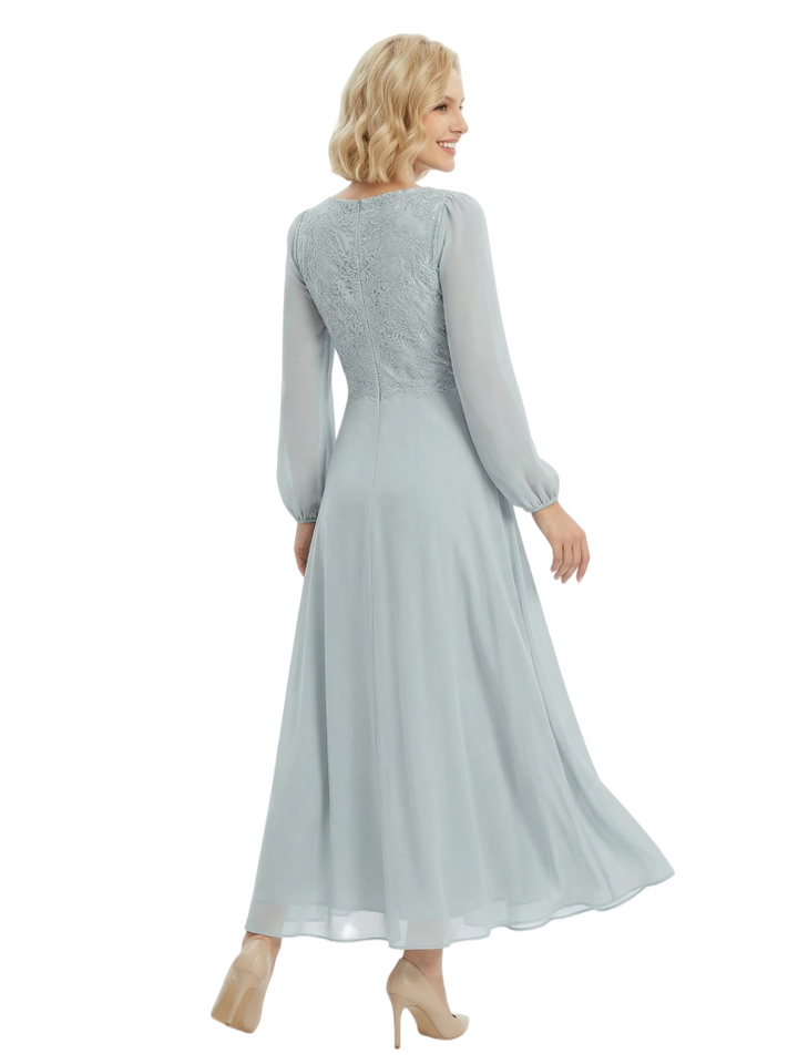 Chicsew Mother of The Bride Dresses Stylish V-Neck Long Sleeve Lace Chiffon Maxi Gown Pretty Flowy Formal Wedding Event Dress