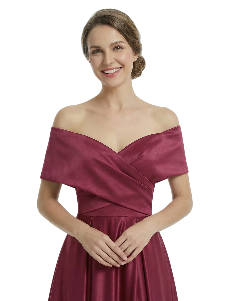 Chicsew Mother of The Groom Dresses Elegant Off the Shoulder Satin Train Gown Slit Fancy Ruched Formal Bridal Party Dress