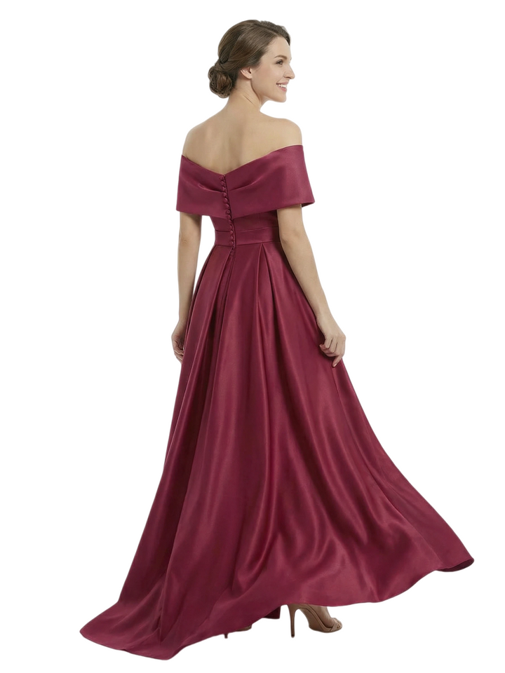 Chicsew Mother of The Groom Dresses Elegant Off the Shoulder Satin Train Gown Slit Fancy Ruched Formal Bridal Party Dress