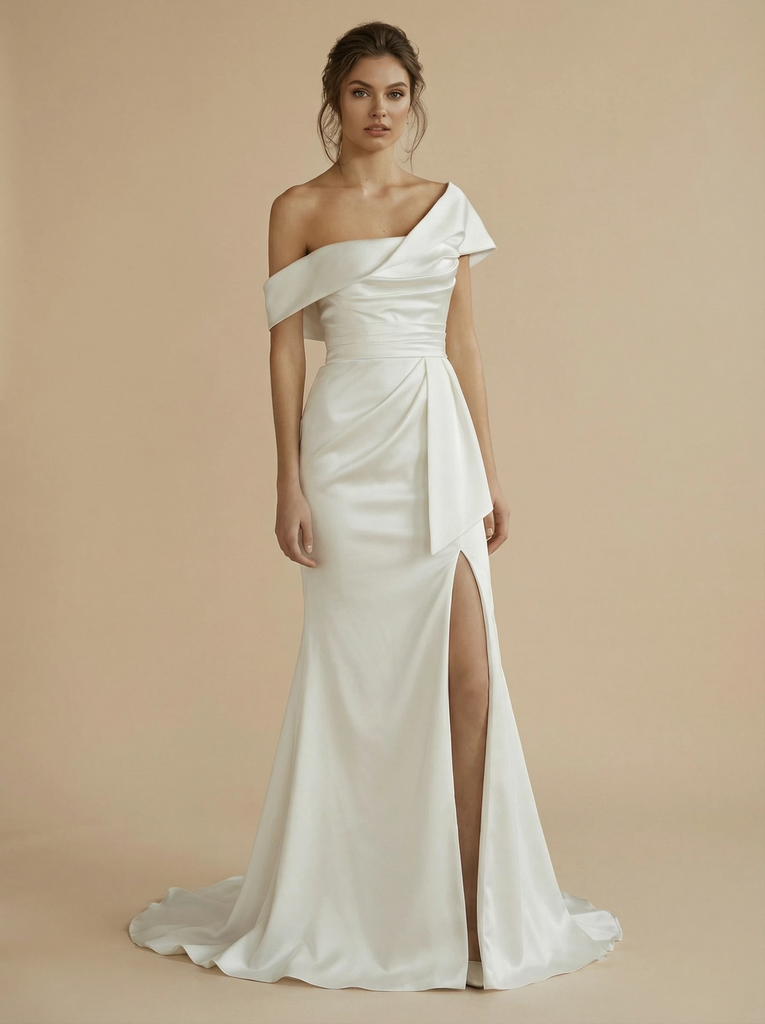 ChicSew Unique Formal Dresses For Weddings Mermaid Side Split Asymmetrical Maxi Long Satin Wedding Dresses Online, Off White