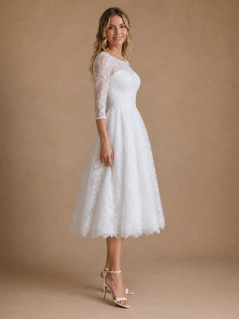 ChicSew Elegant Bateau 3/4 Sleeves Lace A-Line Tea-Length Wedding Dresses