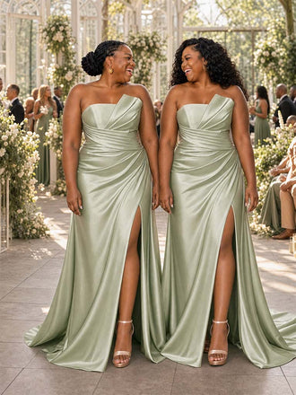 ChicSew Sexy Strapless Ruched Side Slit Soft Satin Mermaid Floor-Length Bridesmaid Dresses