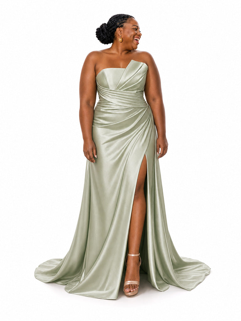 ChicSew Sexy Strapless Ruched Side Slit Soft Satin Mermaid Floor-Length Bridesmaid Dresses
