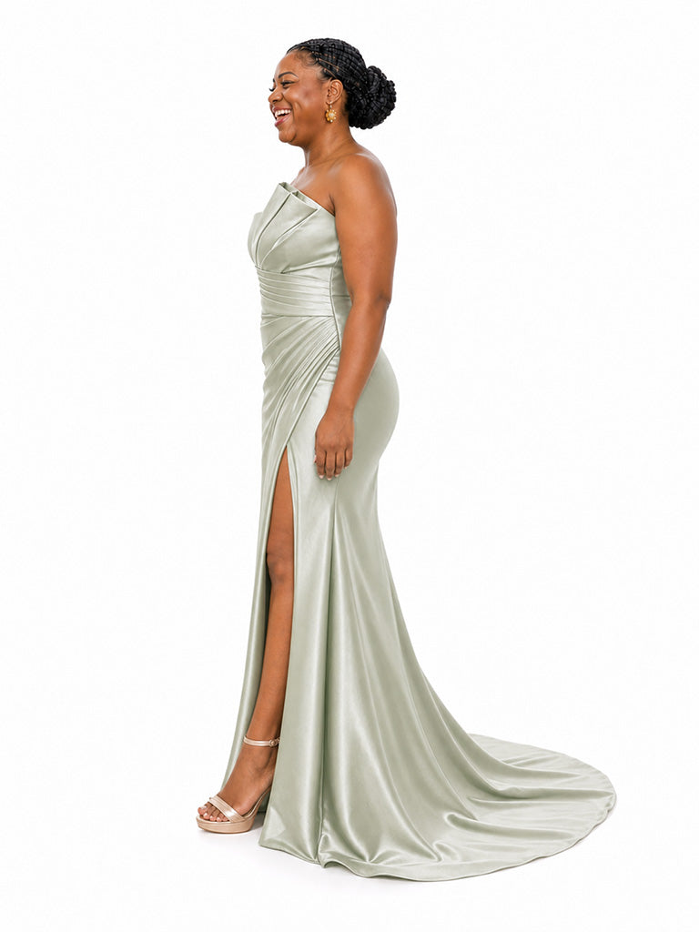 ChicSew Sexy Strapless Ruched Side Slit Soft Satin Mermaid Floor-Length Bridesmaid Dresses