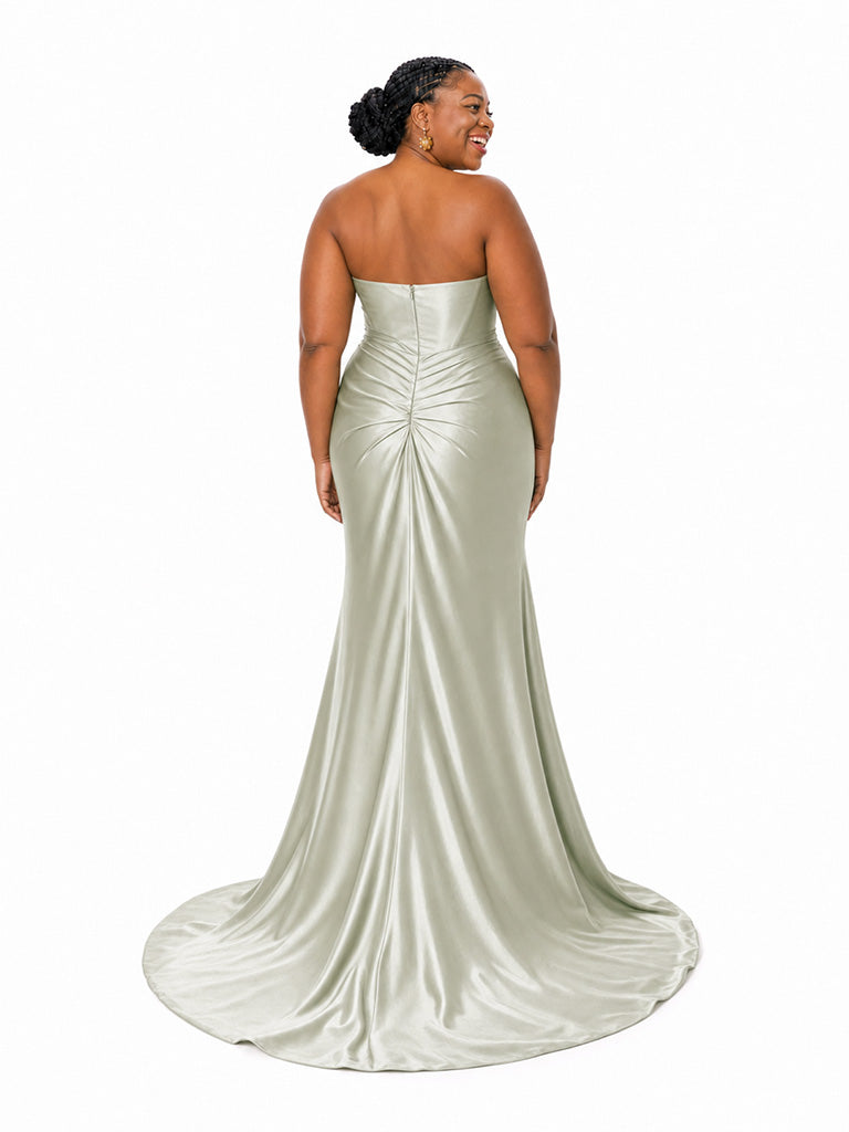 ChicSew Sexy Strapless Ruched Side Slit Soft Satin Mermaid Floor-Length Bridesmaid Dresses