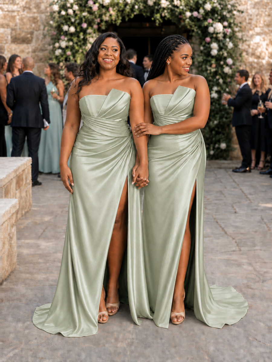 ChicSew Sexy Strapless Ruched Side Slit Soft Satin Mermaid Floor-Length Bridesmaid Dresses