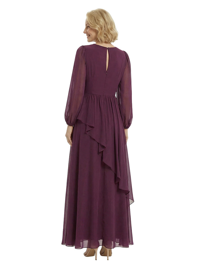 Chicsew Gorgeous V-neck Lantern Sleeves Side Slit Ruffles Chiffon Mother of The Bride Gown