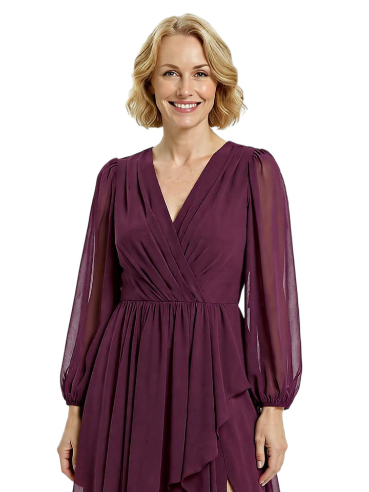 Chicsew Gorgeous V-neck Lantern Sleeves Side Slit Ruffles Chiffon Mother of The Bride Gown
