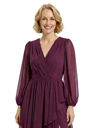 Chicsew Gorgeous V-neck Lantern Sleeves Side Slit Ruffles Chiffon Mother of The Bride Gown