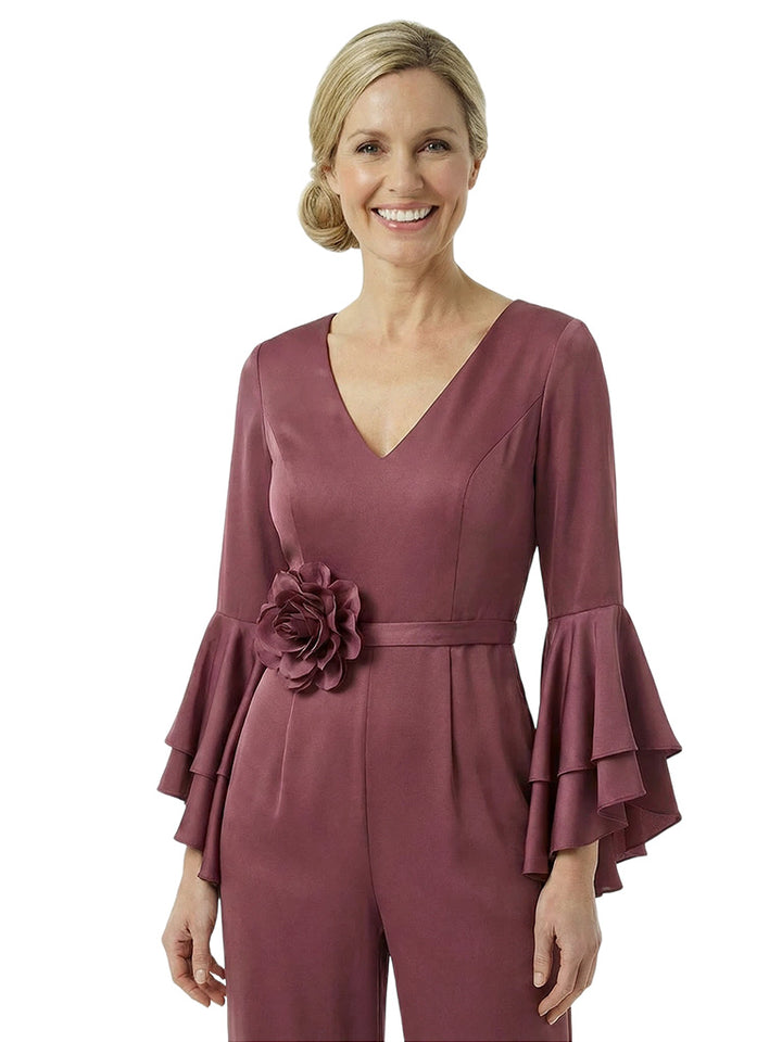 Beautiful V-Neck Long Sleeves Floral Detail Satin Mother Of The Bride Jumpsuit